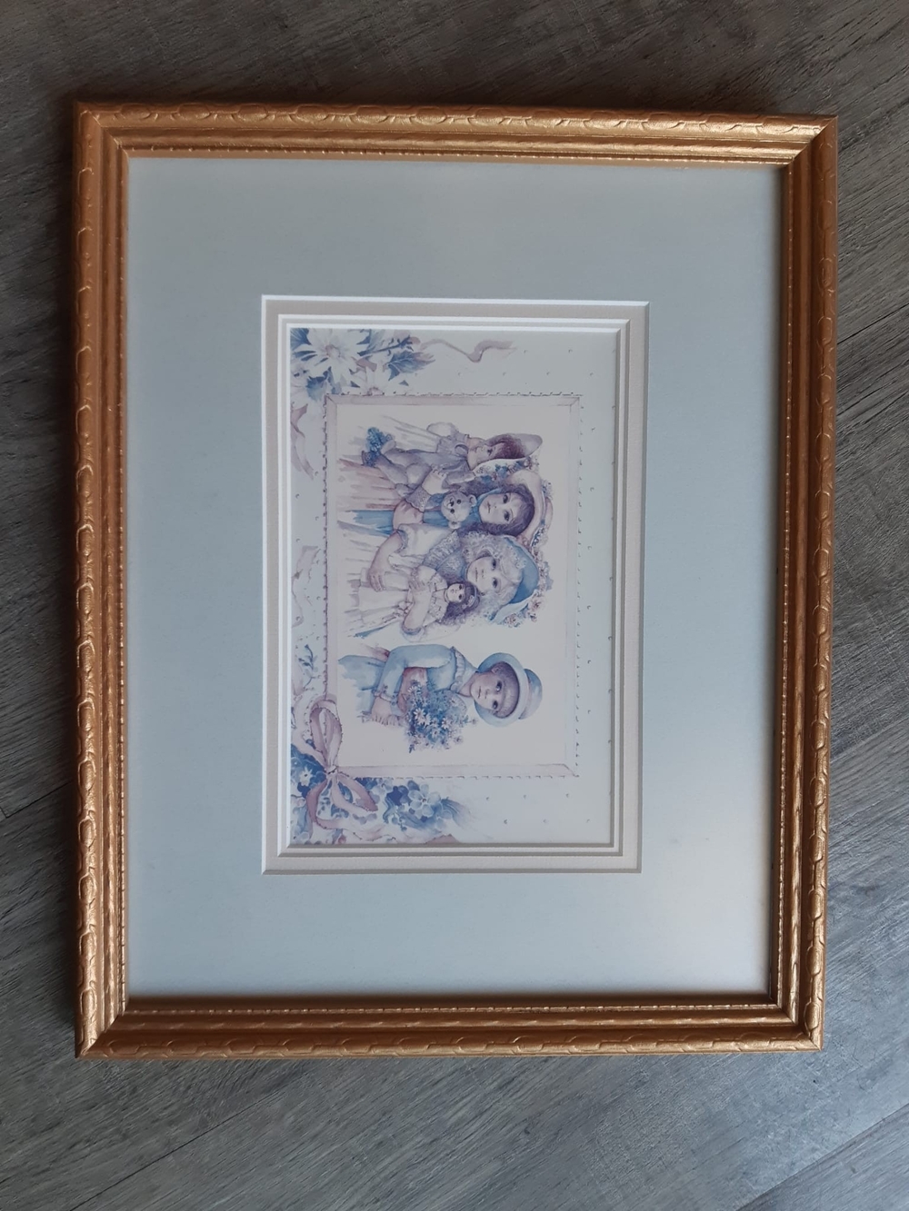 *3 for $20 deal* Vintage Gold Framed Pastel Children Print - Blue and Cream